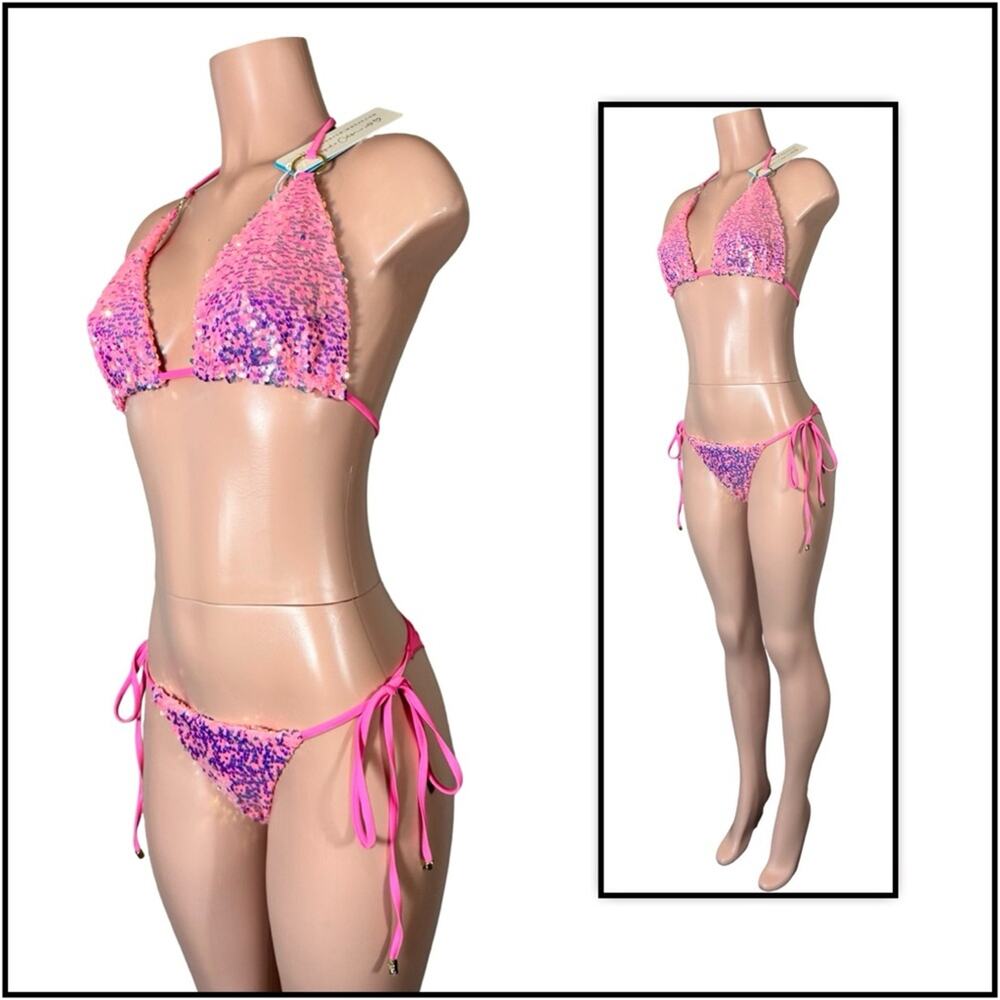 Beach Bunny Pink Icon DD Triangle Top & L Icon Tie Side Skimpy Bottom $250 - Picture 4 of 14